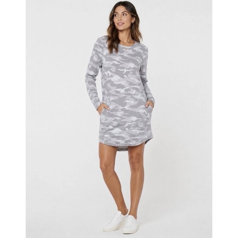 Athleta Balance Dress MED Gray Camo Super Soft Sweatshirt Tencel Modal Pockets